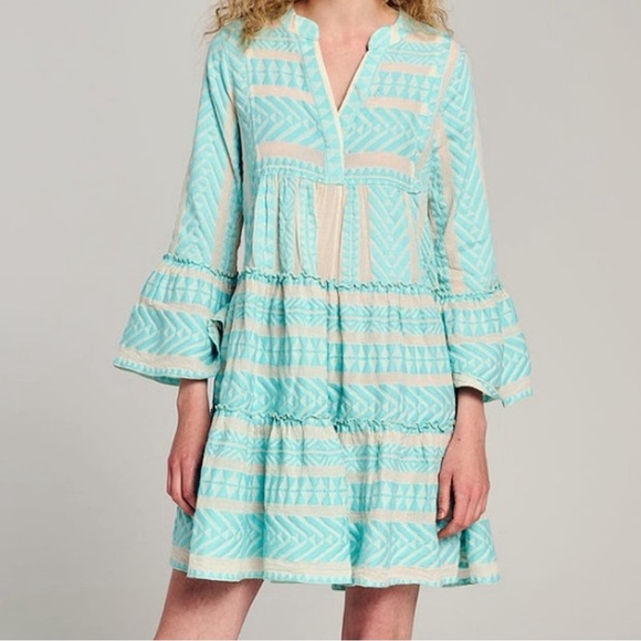Devotion Twins Ella Embroidered Cotton Tunic Dress Neon Turquoise Blue White XS - Picture 1 of 8